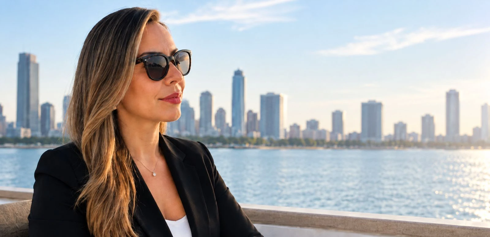 Evelyn Soria con lentes de sol frente a una ciudad junto al agua