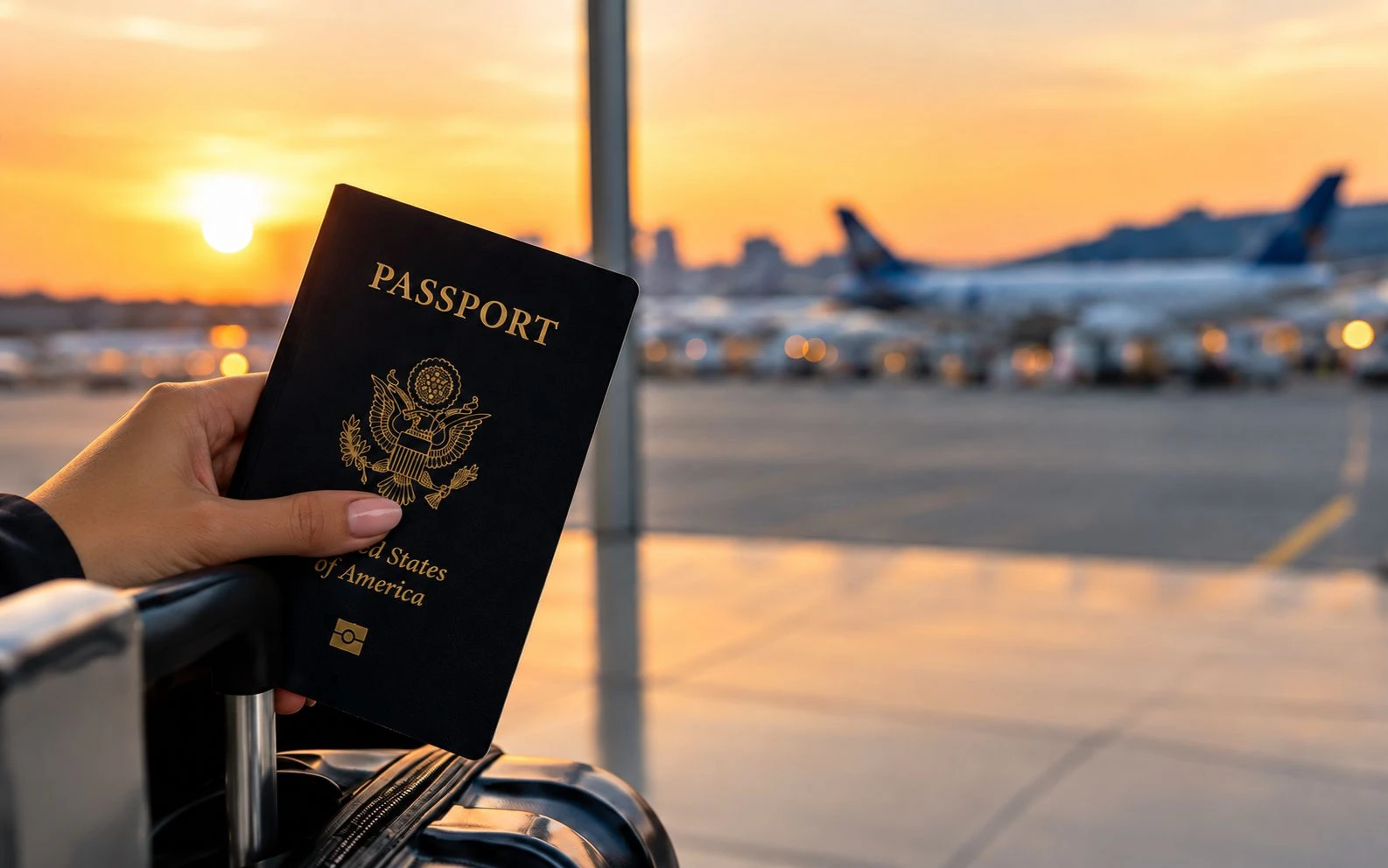 Mano sosteniendo un pasaporte frente al ventanal de un aeropuerto al atardecer