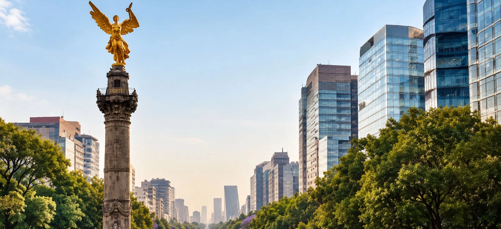 Ángel de la Independencia y edificios de Paseo de la Reforma, en Ciudad de México