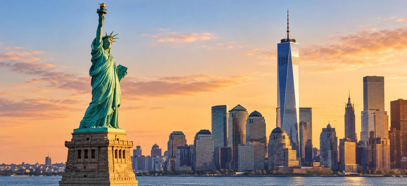 Estatua de la Libertad con los rascacielos de Nueva York al atardecer